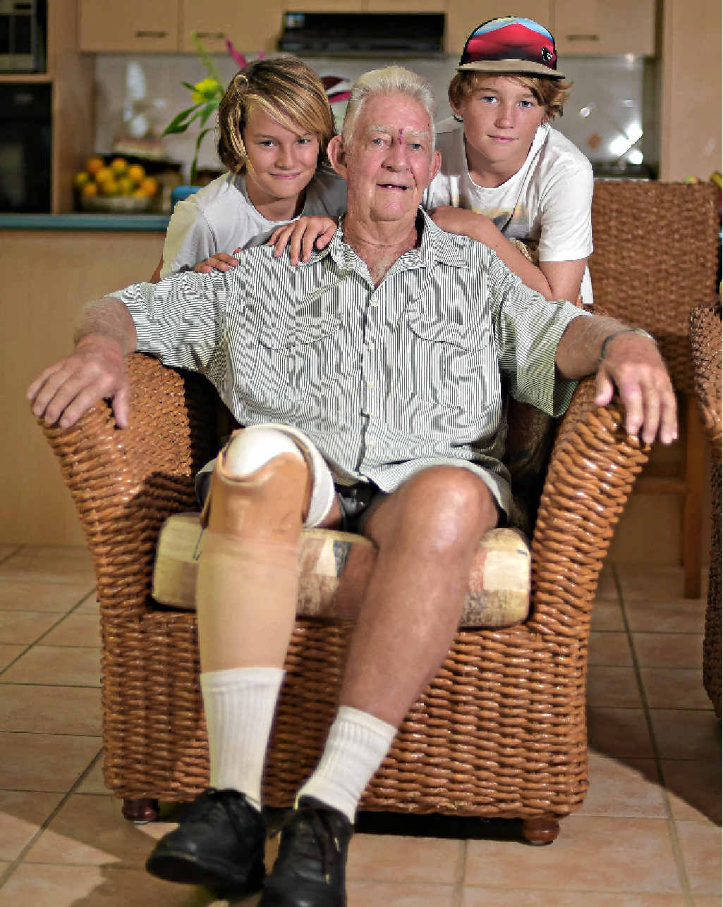 PEEVED: Geoff Loe is upset his hand-made walking stick was stolen. Geoff is pictured with his grandsons Tristan (right) and Bailey Eva. PEEVED: Geoff Loe is upset his hand-made walking stick was stolen. Geoff is pictured with his grandsons Tristan (right) and Bailey Eva.