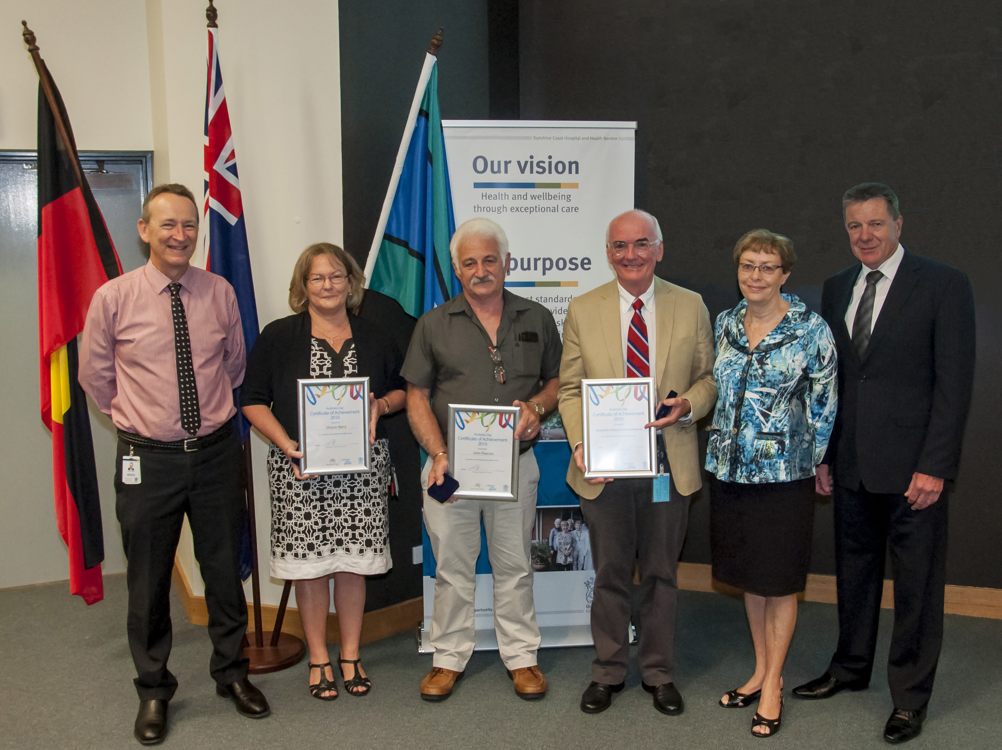 (l to r): Kevin Hegarty, Health Service Chief Executive; Sharon Barry, Program Director, Aboriginal and Torres Strait Islander Health; John Pearson, Team Leader Child and Youth Mental Health Service; Associate Professor Ted Weaver, Obstetrics and Gynaecology; Dr Lorraine Ferguson AM, Deputy Board Chair, Sunshine Coast Hospital and Health Board; Peter Sullivan, SCH and Health Board member (l to r): Kevin Hegarty, Health Service Chief Executive; Sharon Barry, Program Director, Aboriginal and Torres Strait Islander Health; John Pearson, Team Leader Child and Youth Mental Health Service; Associate Professor Ted Weaver, Obstetrics and Gynaecology; Dr Lorraine Ferguson AM, Deputy Board Chair, Sunshine Coast Hospital and Health Board; Peter Sullivan, SCH and Health Board member