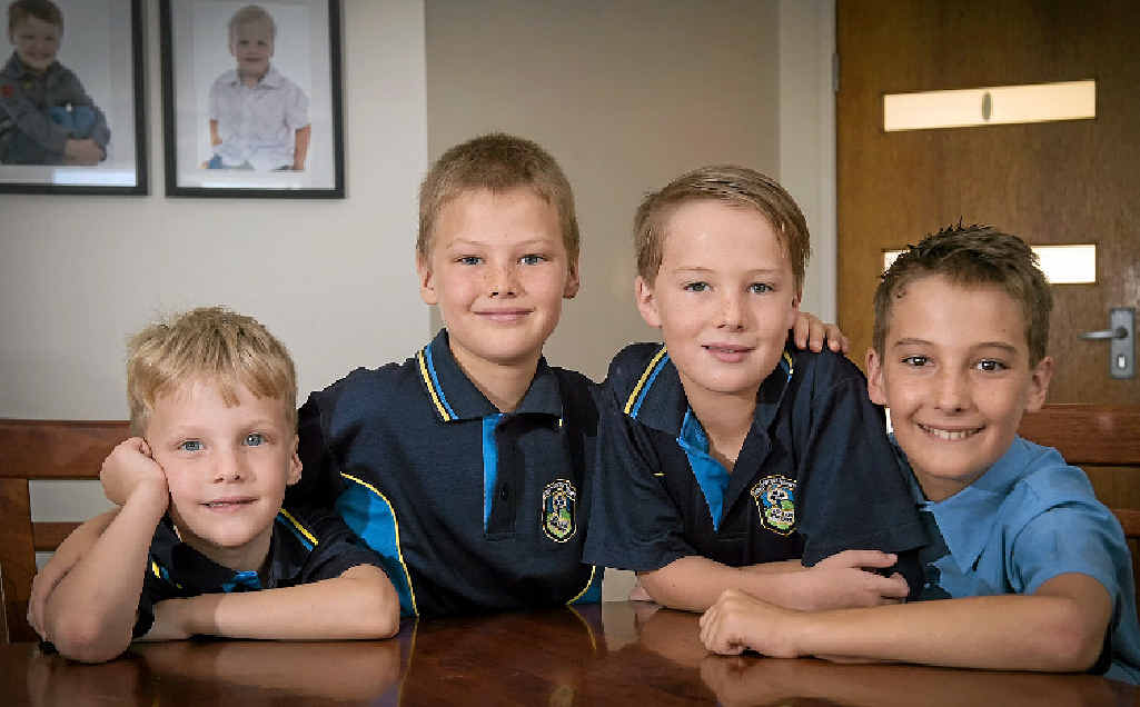 MY FOUR SONS: The Stevens’ boys, (from left) Thomas aged five years, Blake seven, Lachlan nine, and Riley 11; ready for St Pat’s prep, primary and high school tomorrow. MY FOUR SONS: The Stevens’ boys, (from left) Thomas aged five years, Blake seven, Lachlan nine, and Riley 11; ready for St Pat’s prep, primary and high school tomorrow.