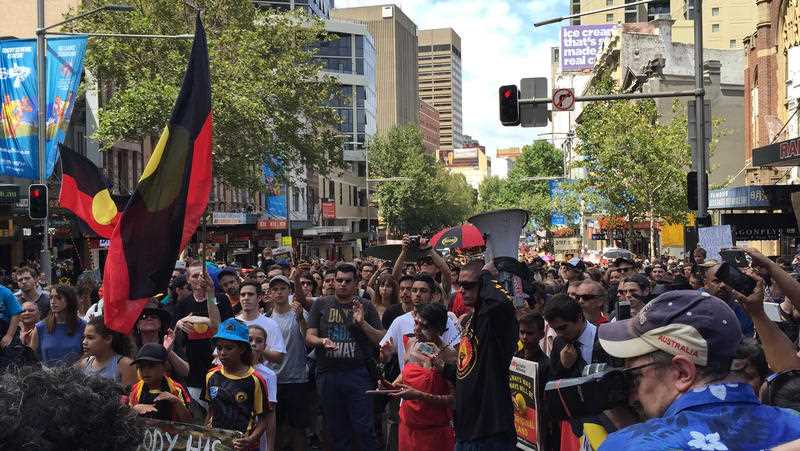 The Invasion Day march in Sydney from The Block in Redfern to Town Hall and then onto Australian Hall on Elizabeth St, Sydney on Tuesday, Jan. 26, 2016. Protesters mourned The Invasion Day march in Sydney from The Block in Redfern to Town Hall and then onto Australian Hall on Elizabeth St, Sydney on Tuesday, Jan. 26, 2016. Protesters mourned