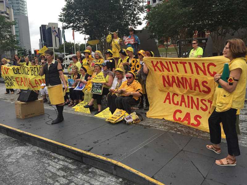 Knitting Nannas Against Gas stage a protest in King George Square, Brisbane, Wednesday, OCt. 28, 2015. The campaigners have gathered to support the family of Queensland farmer and anti-CSG campaigner George Bender, who took his own life this month. The group is calling for farmers to be given more rights to stop coal seam gas (CSG) firms coming onto their properties. Knitting Nannas Against Gas stage a protest in King George Square, Brisbane, Wednesday, OCt. 28, 2015. The campaigners have gathered to support the family of Queensland farmer and anti-CSG campaigner George Bender, who took his own life this month. The group is calling for farmers to be given more rights to stop coal seam gas (CSG) firms coming onto their properties.