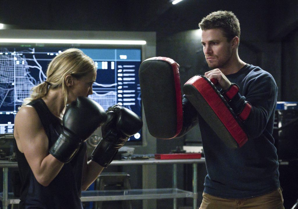 Katie Cassidy as Laurel Lance and Stephen Amell as Oliver Queen. Arrow S4E11 A.W.O.L. Supplied by Foxtel.