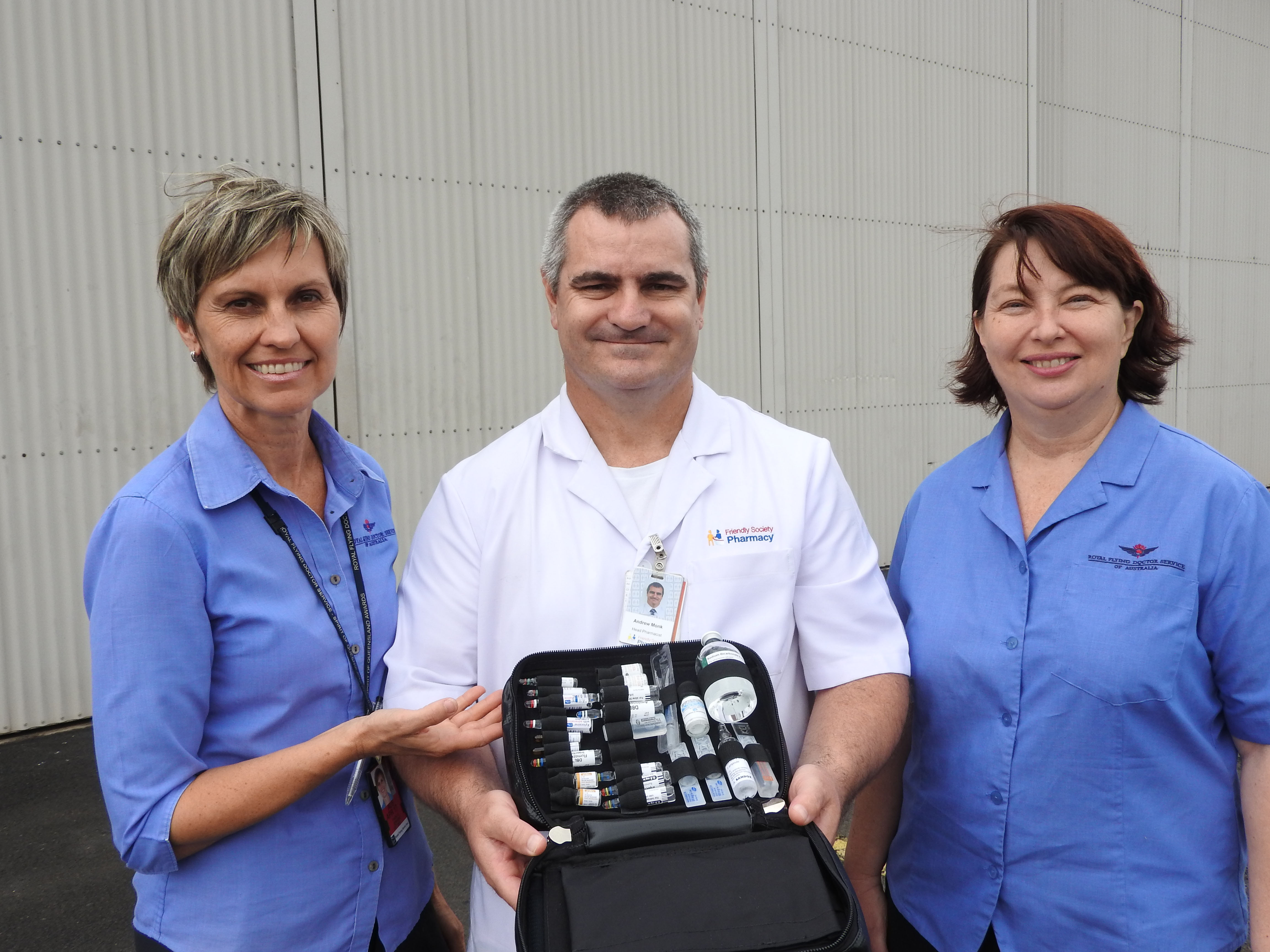 RFDS flight nurse Yvette Jenkins, Friendly Society Pharmacy head pharmacist Andrew Monk and RFDS senior flight nurse Jackie Hardy. The Friendly Society Private Hospital is proud to be partnering with the Royal Flying Doctor Service to supply them with crucial medication for treating patients in-flight. RFDS flight nurse Yvette Jenkins, Friendly Society Pharmacy head pharmacist Andrew Monk and RFDS senior flight nurse Jackie Hardy. The Friendly Society Private Hospital is proud to be partnering with the Royal Flying Doctor Service to supply them with crucial medication for treating patients in-flight.