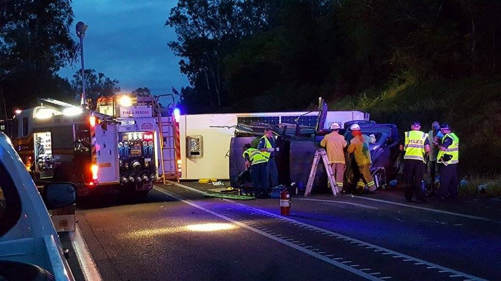 Emergency services respond to the scene of an accident at Chatsworth on the Bruce Hwy Wednesday evening involving a truck and a 4WD towing a caravan. Emergency services respond to the scene of an accident at Chatsworth on the Bruce Hwy Wednesday evening involving a truck and a 4WD towing a caravan.