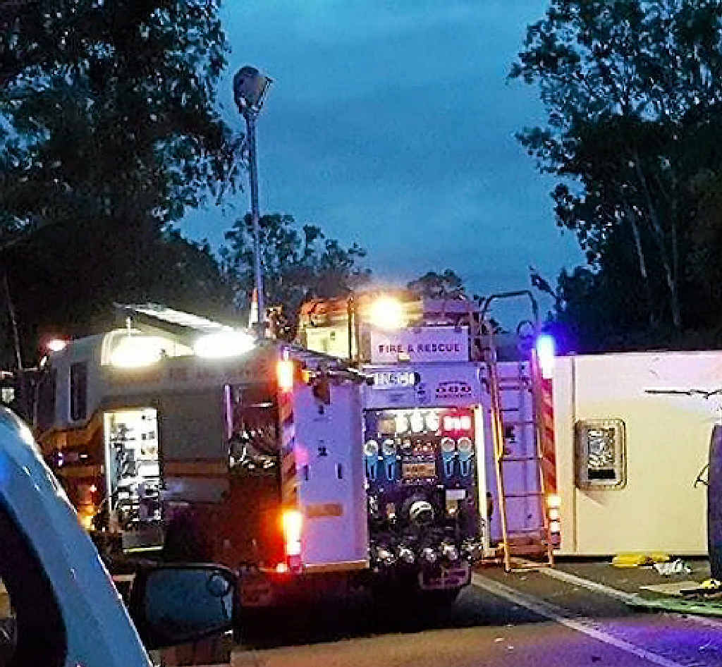 HIGHWAY CARNAGE: Gympie’s Aaron Jamieson took photos of emergency services responding to Wednesday evening’s accident on the Bruce Hwy near Chatsworth, involving a truck and a 4WD towing a caravan (pictured above). Mr Jamieson was among the first on scene. HIGHWAY CARNAGE: Gympie’s Aaron Jamieson took photos of emergency services responding to Wednesday evening’s accident on the Bruce Hwy near Chatsworth, involving a truck and a 4WD towing a caravan (pictured above). Mr Jamieson was among the first on scene.