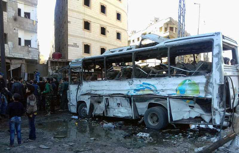 The triple bombing claimed by the extremist Islamic State group killed at least 50 people near the Syrian capital of Damascus on Sunday, overshadowing an already shaky start to what are meant to be indirect Syria peace talks. The triple bombing claimed by the extremist Islamic State group killed at least 50 people near the Syrian capital of Damascus on Sunday, overshadowing an already shaky start to what are meant to be indirect Syria peace talks.