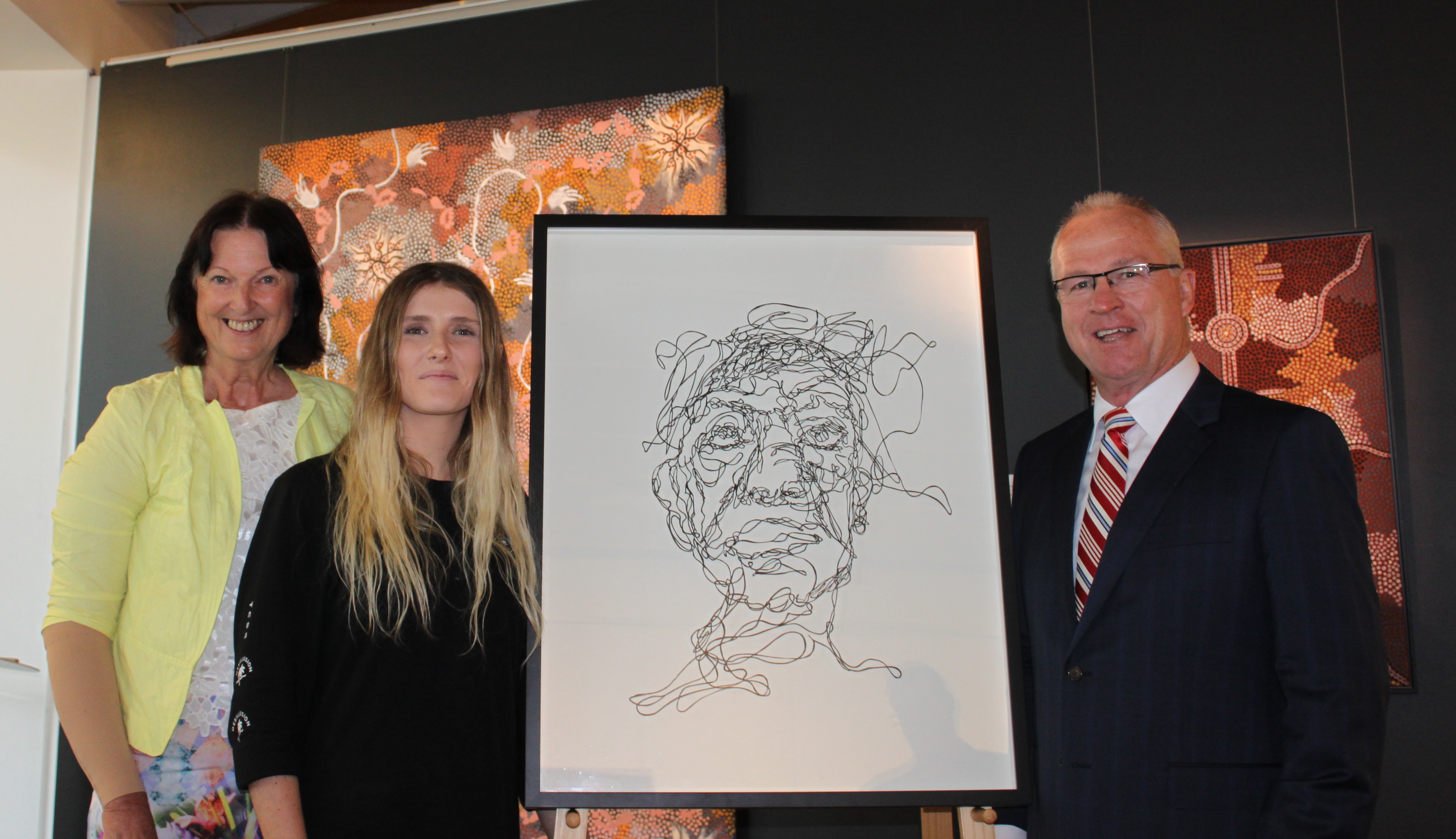 Cr Jenny McKay, Sunshine Coast Art Prize 2015 Highly Commended artist Jamie Rochester, Mayor Mark Jamieson.
Image courtesy of the artist and owner.
Cr Jenny McKay, Sunshine Coast Art Prize 2015 Highly Commended artist Jamie Rochester, Mayor Mark Jamieson.
Image courtesy of the artist and owner.