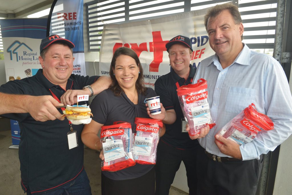 HELPING HAND: Regional Housing Limited's Erin Evans and the Rapid Response Team members Jon Bowder and Wes Kirk and Member for Burnett Stephen Bennett promote the launch of their 'Breakfast Stop', a free Breakfast event that they hope will become a monthly event (the first Wednesday of every month) to feed the homeless and those in need and provide free advice. Photo: Max Fleet / NewsMail HELPING HAND: Regional Housing Limited's Erin Evans and the Rapid Response Team members Jon Bowder and Wes Kirk and Member for Burnett Stephen Bennett promote the launch of their 'Breakfast Stop', a free Breakfast event that they hope will become a monthly event (the first Wednesday of every month) to feed the homeless and those in need and provide free advice. Photo: Max Fleet / NewsMail