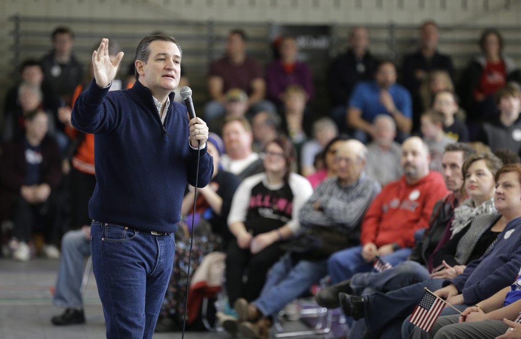 Republican presidential candidate Senator Ted Cruz speaks at Green County Community Center, Monday, Feb. 1, 2016, in Jefferson, Iowa. (AP Photo/Chris Carlson) Republican presidential candidate Senator Ted Cruz speaks at Green County Community Center, Monday, Feb. 1, 2016, in Jefferson, Iowa. (AP Photo/Chris Carlson)