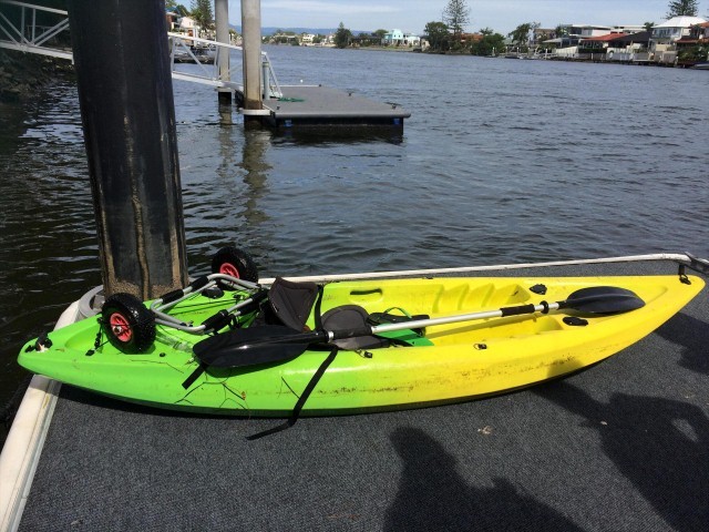 The man entered the water at Broadbeach with this kayak, which was later found floating upside down. The man entered the water at Broadbeach with this kayak, which was later found floating upside down.