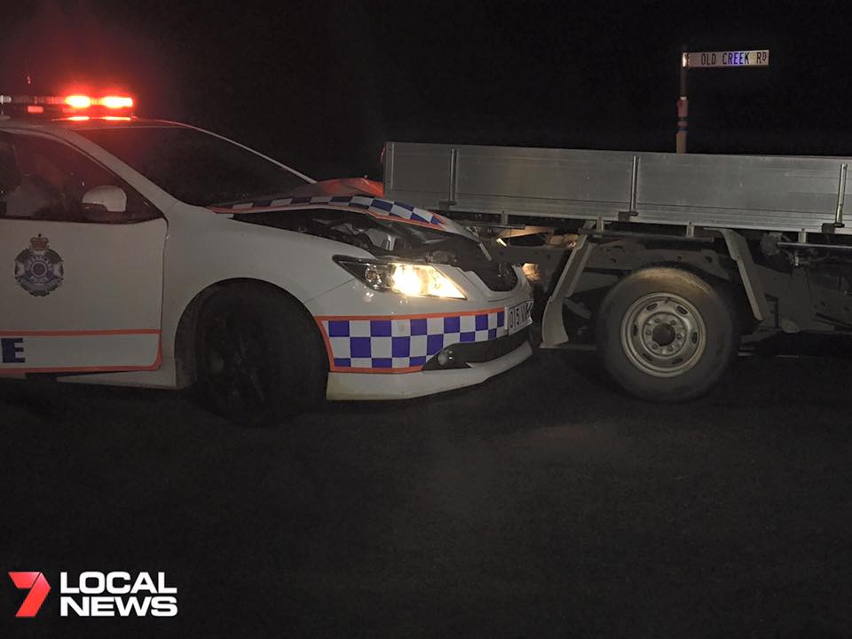 Police car damaged by offender who stole vehicle from Rockhampton, broke into Benaraby home, stabbed resident, drove off and reversed into police car and took off on foot. Police car damaged by offender who stole vehicle from Rockhampton, broke into Benaraby home, stabbed resident, drove off and reversed into police car and took off on foot.