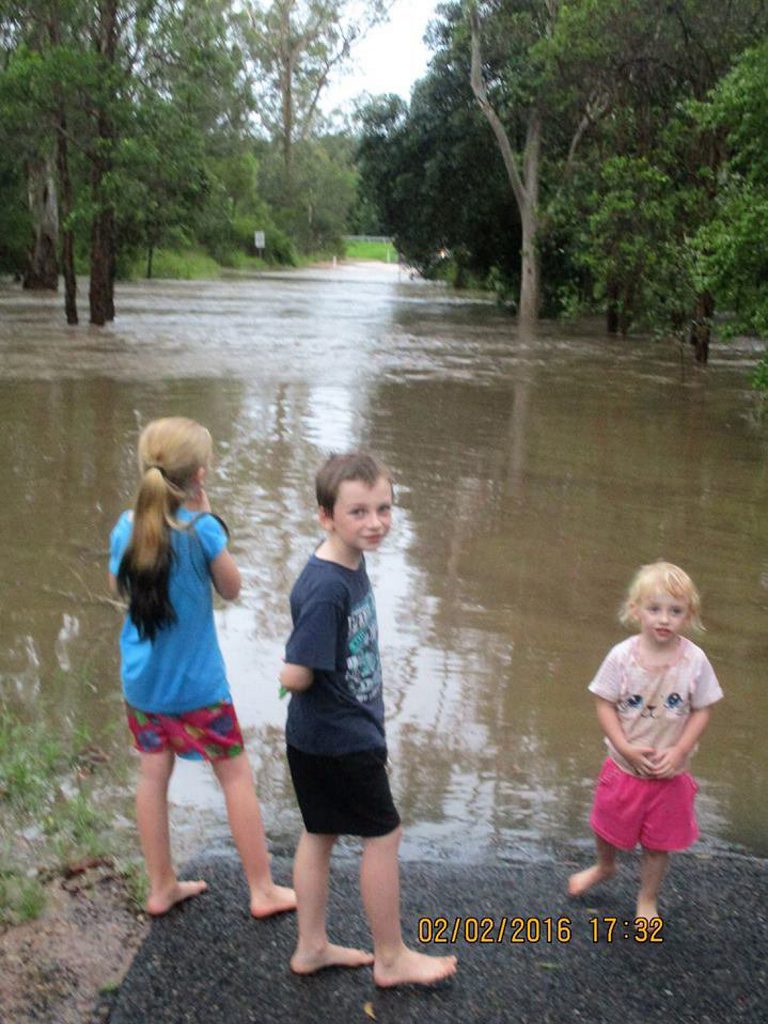 MORE FLOODING: Harmony Candy, Banjo Candy and Stella Candy watch on as floodwater cuts off the road at Apple Tree Creek. Photo: contributed MORE FLOODING: Harmony Candy, Banjo Candy and Stella Candy watch on as floodwater cuts off the road at Apple Tree Creek. Photo: contributed