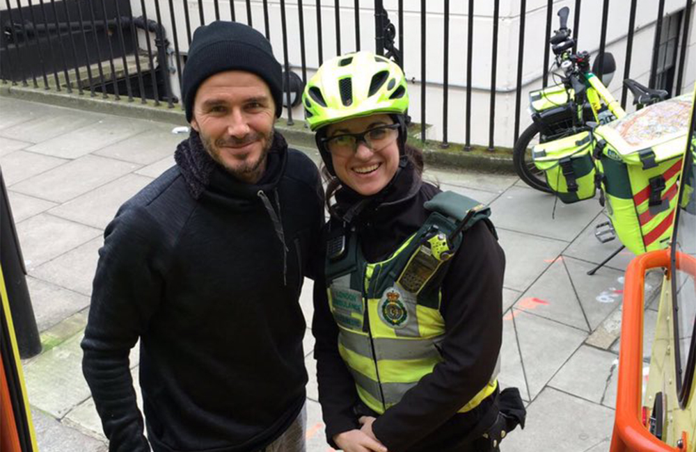 David Beckham brought a hot coffee for London paramedic Catherine Maynard on a freezing winter's day. David Beckham brought a hot coffee for London paramedic Catherine Maynard on a freezing winter's day.