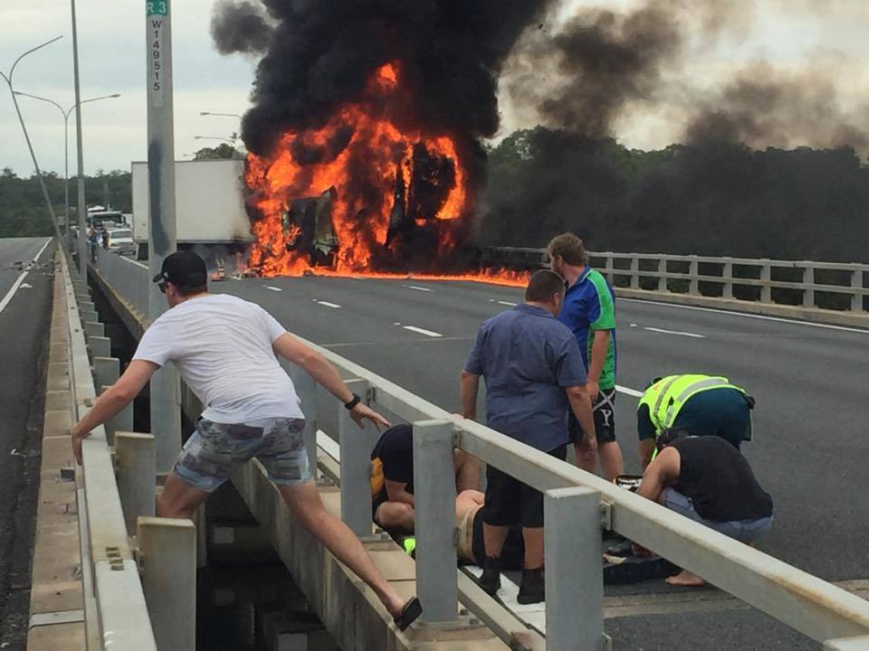 The drama from the Nerang crash on the M1. Photo: Nine News / Facebook The drama from the Nerang crash on the M1. Photo: Nine News / Facebook