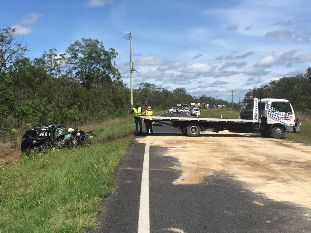The car involved in a fatal crash on the Bruce Highway about to be towed away. The car involved in a fatal crash on the Bruce Highway about to be towed away.