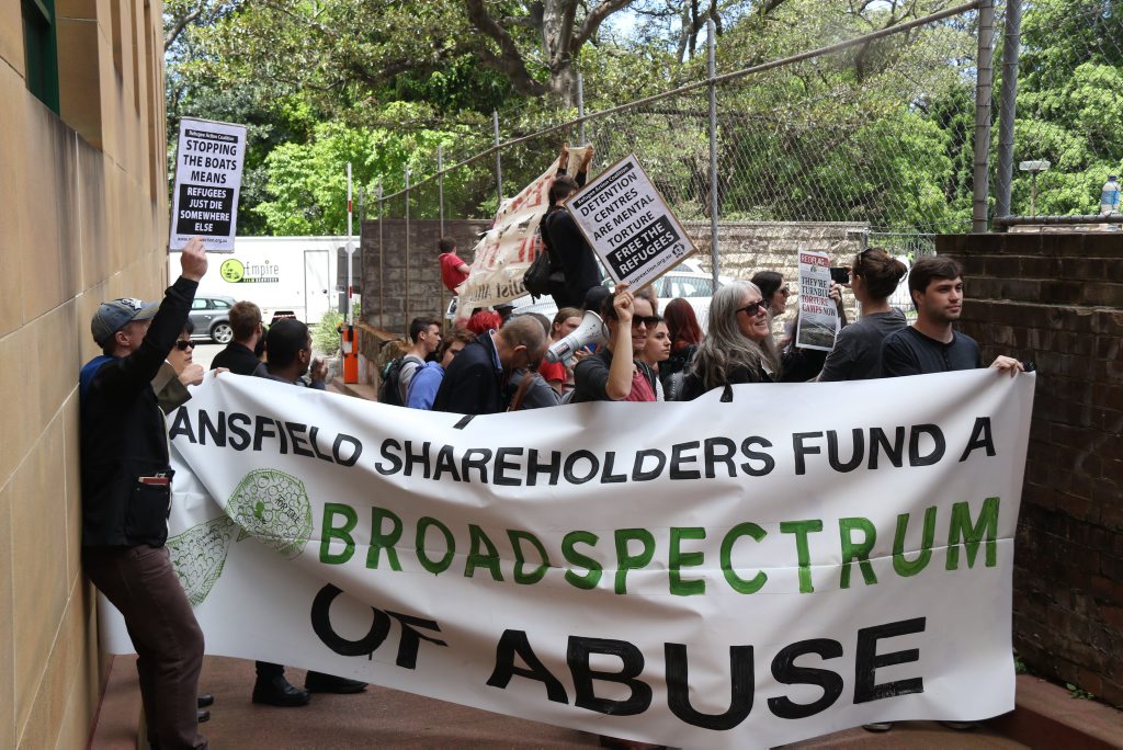 AUSTRALIA, Sydney: Protesters rally in Sydney on October 28, 2015 where the annual general meeting for Transfield, now BroadSpectrum, was being held. People arriving for the AGM were heckled and jeered before NSW Police forced protesters to move. (AAP Image/NEWZULU/RICHARD MILNES). AUSTRALIA, Sydney: Protesters rally in Sydney on October 28, 2015 where the annual general meeting for Transfield, now BroadSpectrum, was being held. People arriving for the AGM were heckled and jeered before NSW Police forced protesters to move. (AAP Image/NEWZULU/RICHARD MILNES).
