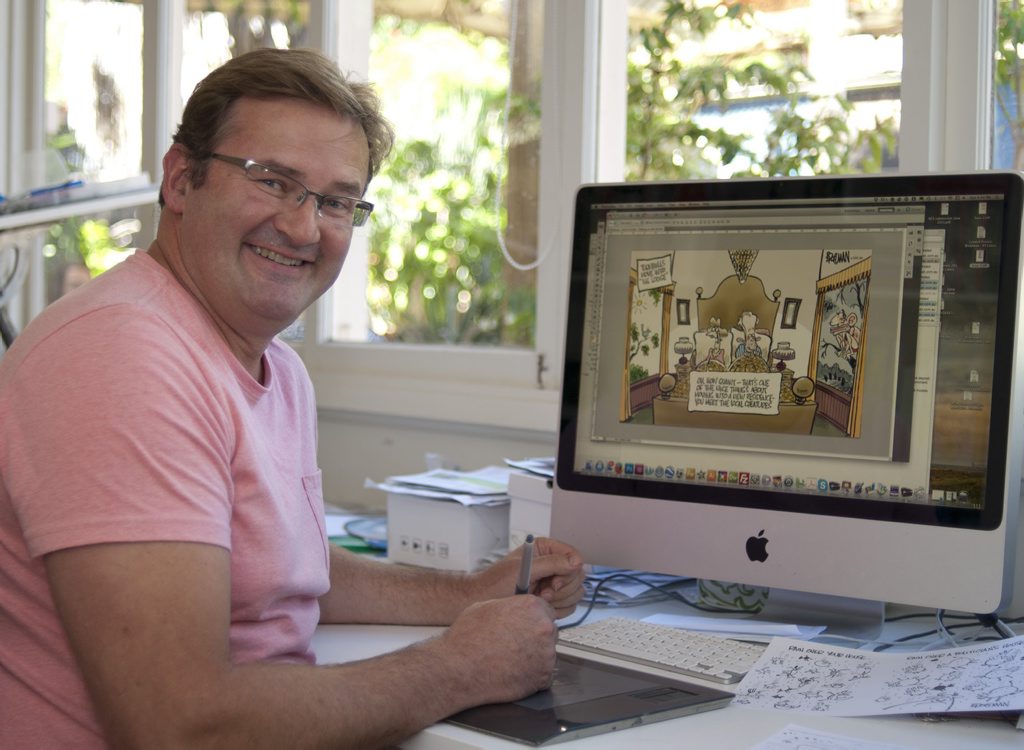 Peter Broelman creating political cartoons from his home studio. Peter Broelman creating political cartoons from his home studio.