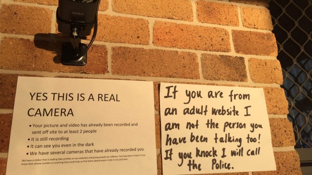 Signs and security put up by Robyn Night and her husband River in response to dozens of visits from men expecting sex. Signs and security put up by Robyn Night and her husband River in response to dozens of visits from men expecting sex.