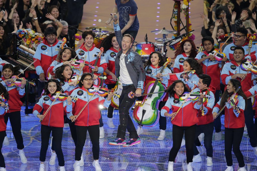 Coldplay singer Chris Martin sings during halftime of the NFL Super Bowl 50 football game between the Denver Broncos and the Carolina Panthers in Santa Clara, Calif. Coldplay singer Chris Martin sings during halftime of the NFL Super Bowl 50 football game between the Denver Broncos and the Carolina Panthers in Santa Clara, Calif.