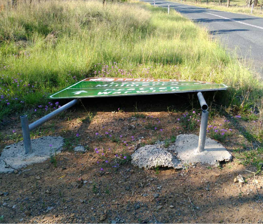 SENSELESS: This sign on the Leyburn-Cunningham Rd near Pratten is among nine sets of signs damaged by senseless vandalism in the past week on the Southern Downs. SENSELESS: This sign on the Leyburn-Cunningham Rd near Pratten is among nine sets of signs damaged by senseless vandalism in the past week on the Southern Downs.