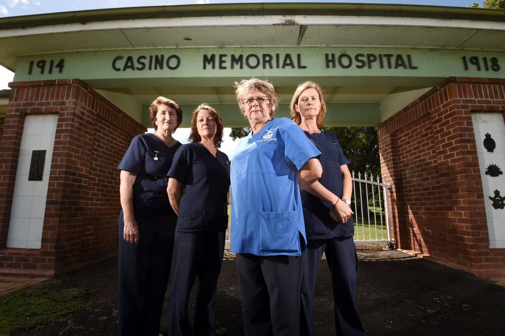 Casino Nurses Association secretary Shirley Roach with Casino emergency departement nurses (from left) Elizabeth Bennett, Tracey Cunnington, and Rebecca Lyon outside the front of the Casino Memorial Hospital. Photo Marc Stapelberg / The Northern Star Casino Nurses Association secretary Shirley Roach with Casino emergency departement nurses (from left) Elizabeth Bennett, Tracey Cunnington, and Rebecca Lyon outside the front of the Casino Memorial Hospital. Photo Marc Stapelberg / The Northern Star