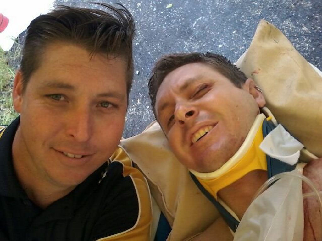 Brothers James Gibson and Lachlan Gibson took this photo minutes after the Bangalow Rd crash which left Lachlan, 36, with serious leg injuries. He is currently recovering in Lismore Base Hospital after two operations on his legs. Brothers James Gibson and Lachlan Gibson took this photo minutes after the Bangalow Rd crash which left Lachlan, 36, with serious leg injuries. He is currently recovering in Lismore Base Hospital after two operations on his legs.