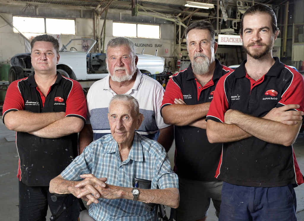 Sorensen’s Ipswich Guard and Body Sevice is closing after 63 years in Business. (clockwise from front) Harry, Mel, Gary, Ken and Matt Sorensen. Sorensen’s Ipswich Guard and Body Sevice is closing after 63 years in Business. (clockwise from front) Harry, Mel, Gary, Ken and Matt Sorensen.
