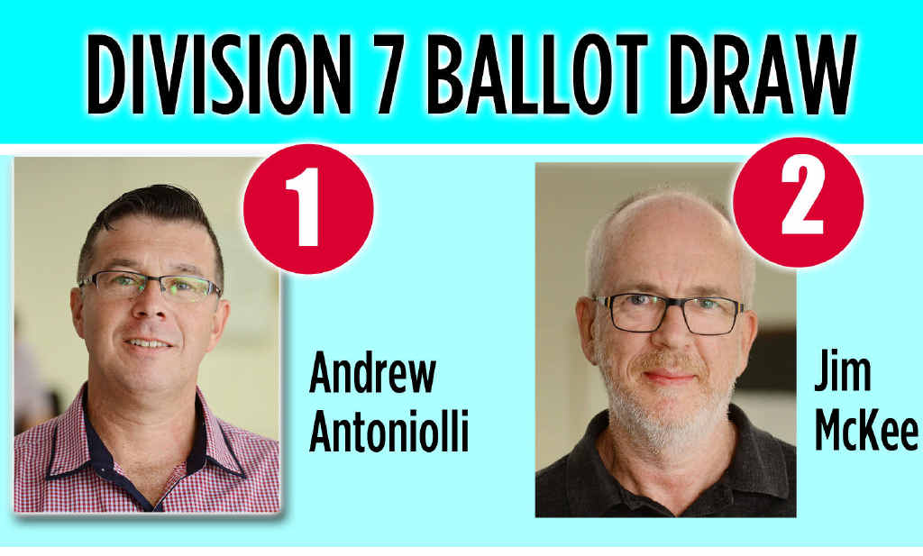 Ipswich City Council elections division 7 candidates Jim McKee and Andrew Antoniolli. Ipswich City Council elections division 7 candidates Jim McKee and Andrew Antoniolli.