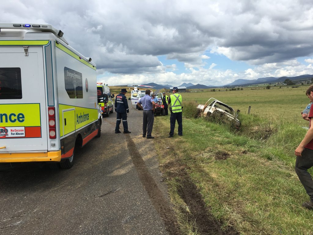 The RACQ CareFlight Toowoomba rescue helicopter at the scene of the accident near Warwick. The RACQ CareFlight Toowoomba rescue helicopter at the scene of the accident near Warwick.