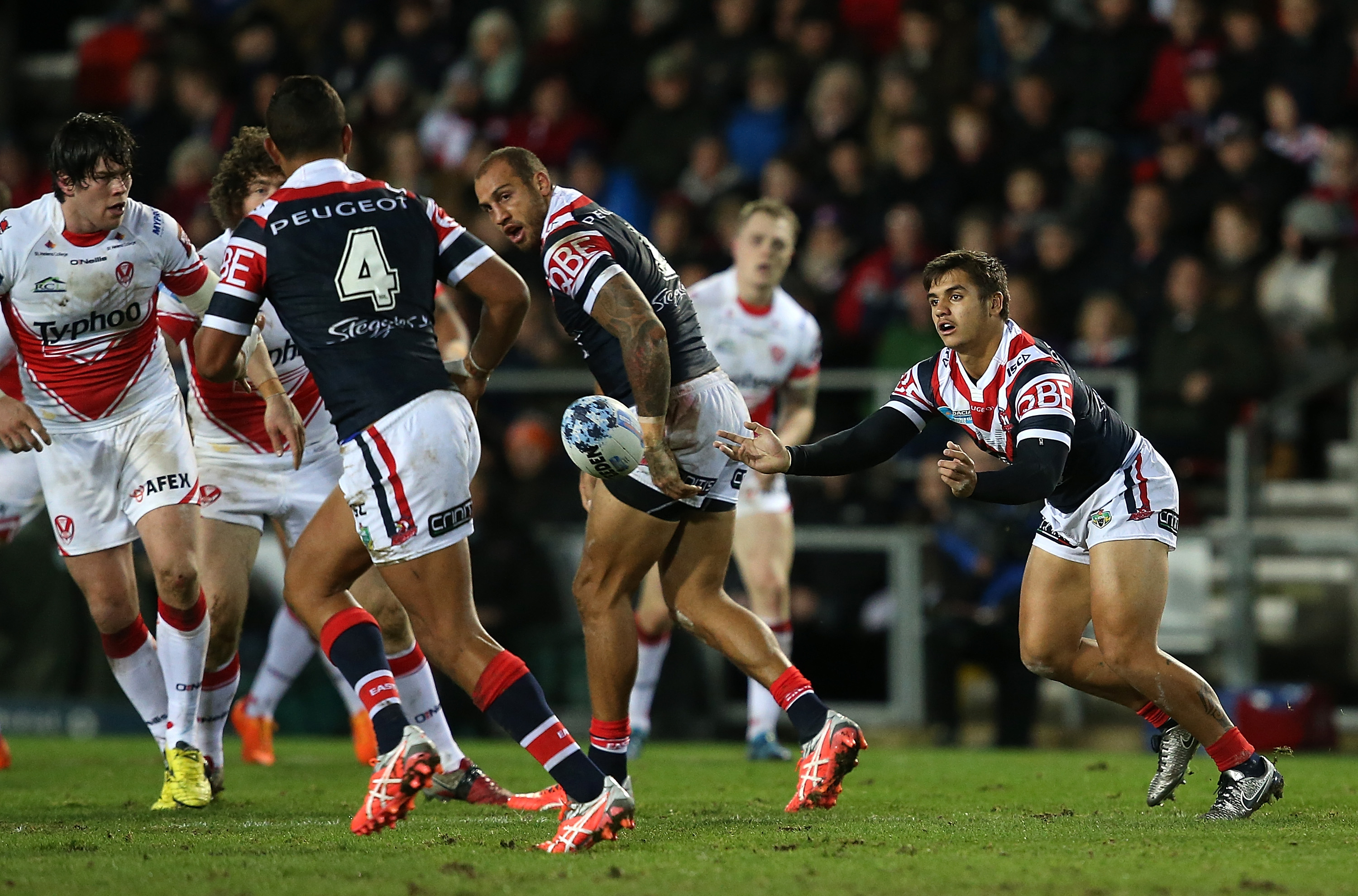 Jayden Nikorima passes during the Sydney Roosters clash with St Helens. Photo: Getty Images. Jayden Nikorima passes during the Sydney Roosters clash with St Helens. Photo: Getty Images.