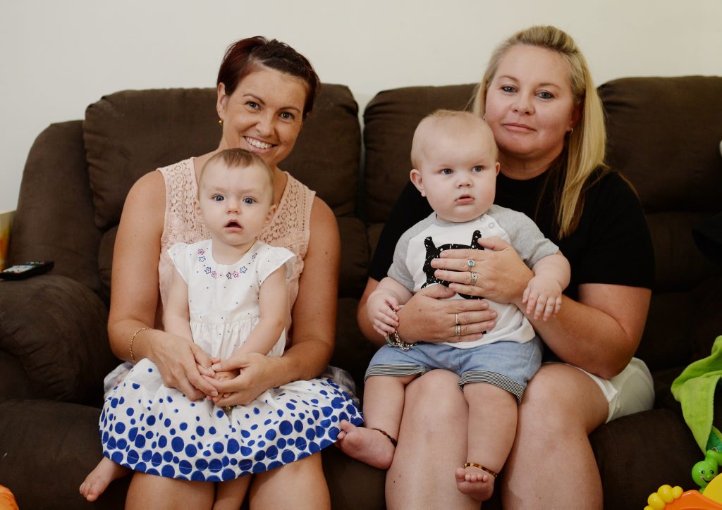 Rachael and Koa Bazzocco with Jasmine and Laythen Schneider. Their children were both diagnosed with craniosynostosis. Photo Allan Reinikka / The Morning Bulletin Rachael and Koa Bazzocco with Jasmine and Laythen Schneider. Their children were both diagnosed with craniosynostosis. Photo Allan Reinikka / The Morning Bulletin