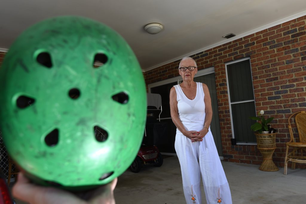 Marlene Burgess is reminding kids to wear a helmet after her grandson was knocked down by a car. Photo Marc Stapelberg / The Northern Star Marlene Burgess is reminding kids to wear a helmet after her grandson was knocked down by a car. Photo Marc Stapelberg / The Northern Star