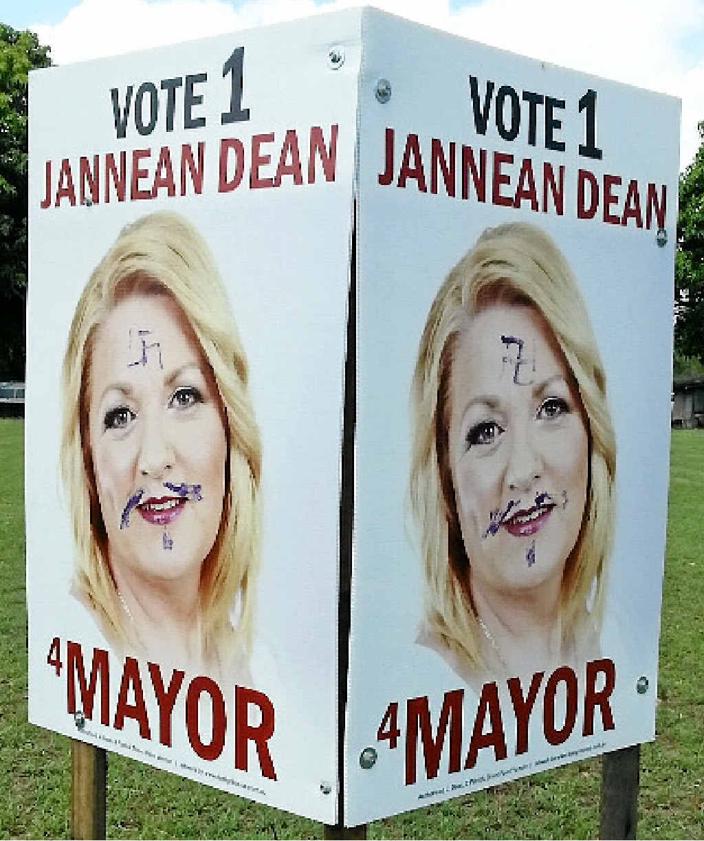 Swastika drawn on mayoral candidate Jannean Dean. Swastika drawn on mayoral candidate Jannean Dean.