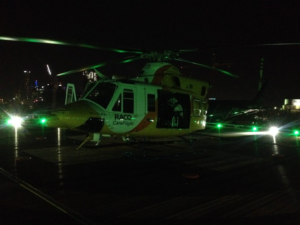 The RACQ CareFlight Rescue's helicopter arrives in Brisbane. The RACQ CareFlight Rescue's helicopter arrives in Brisbane.