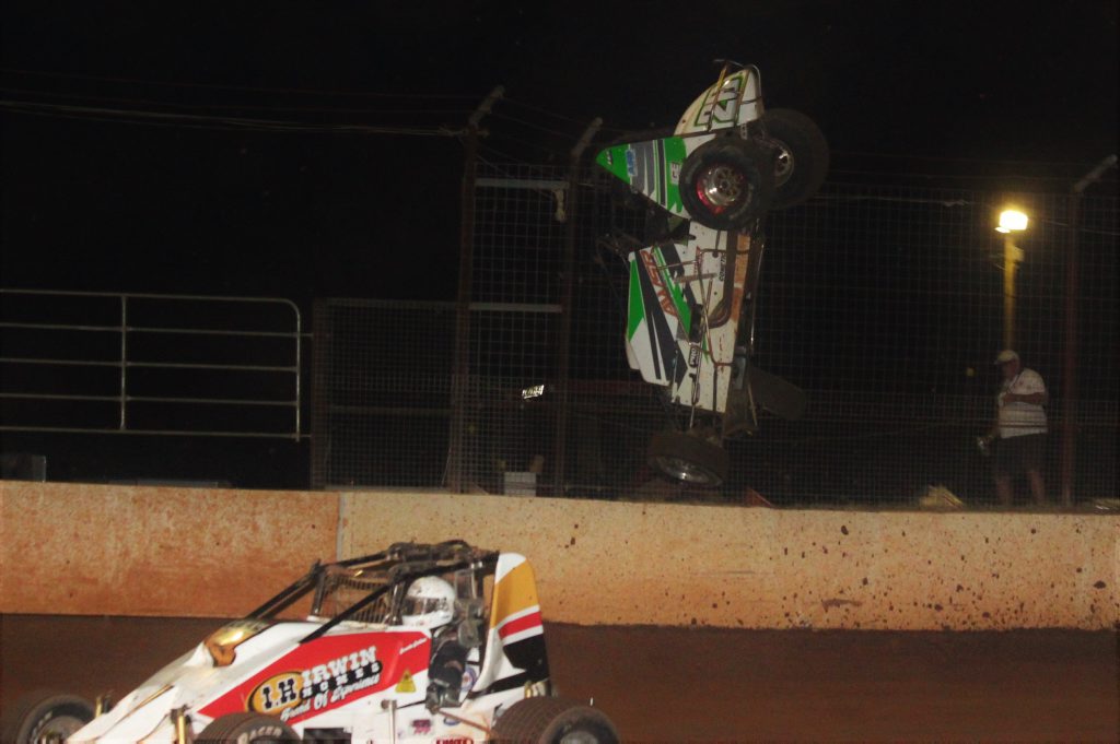 FLIP: Dan Moes gets airborne in the Formula 500 race at the Carina Speedway on February 20. FLIP: Dan Moes gets airborne in the Formula 500 race at the Carina Speedway on February 20.