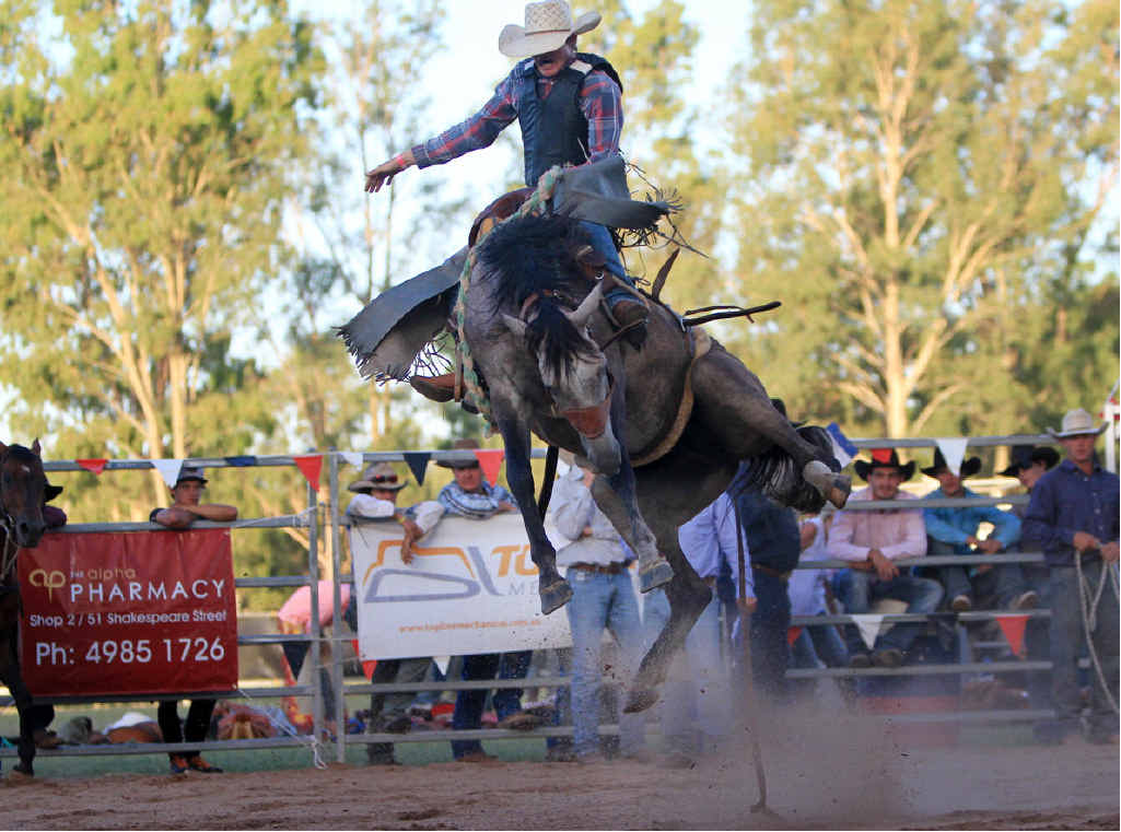 HIGH FLYING: Alpha’s Jack McKenzie tries his best to conquer Trebarney in Saturday’s CRCA Alpha Rodeo. HIGH FLYING: Alpha’s Jack McKenzie tries his best to conquer Trebarney in Saturday’s CRCA Alpha Rodeo.