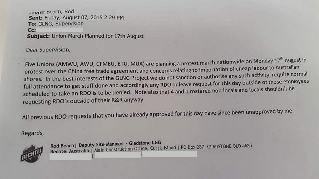 LEAKED EMAIL: This email from a Bechtel deputy site manager has lead the ETU to file an application in the federal court. LEAKED EMAIL: This email from a Bechtel deputy site manager has lead the ETU to file an application in the federal court.