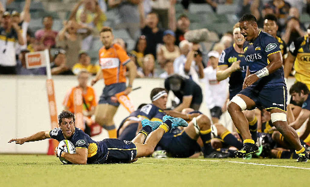 STAR MAN: Tomas Cubelli scores one of the Brumbies’ tries in the 52-10 win over the Hurricanes. STAR MAN: Tomas Cubelli scores one of the Brumbies’ tries in the 52-10 win over the Hurricanes.
