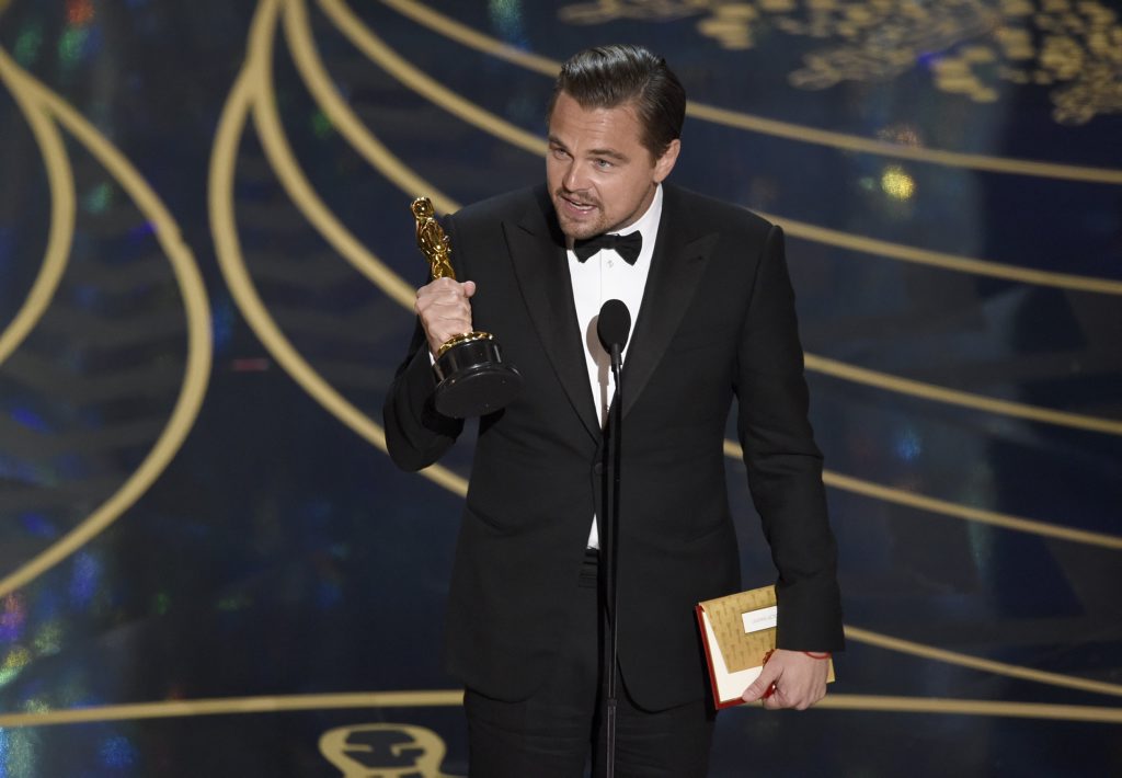 Leonardo DiCaprio accepts the award for best actor in a leading role for The Revenant at the Oscars at the Dolby Theatre in Los Angeles. Leonardo DiCaprio accepts the award for best actor in a leading role for The Revenant at the Oscars at the Dolby Theatre in Los Angeles.