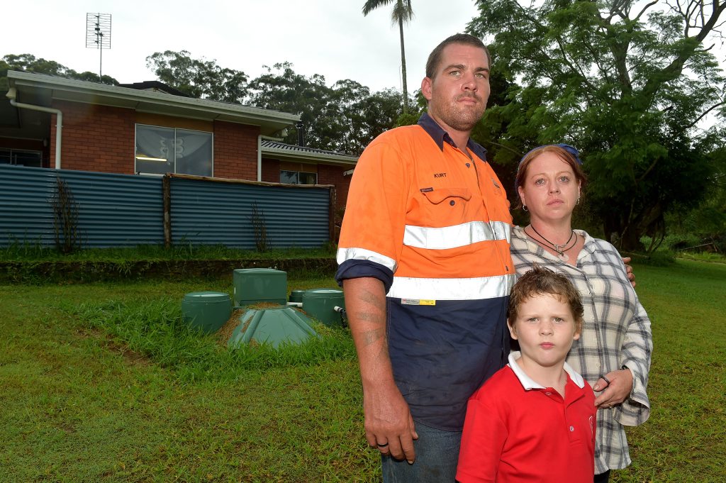 Kurt Semple has been told to vacate his rentall home because of the flying foxes in the area. Kurt is pictured with his wife Tiana and son Dylan. Kurt Semple has been told to vacate his rentall home because of the flying foxes in the area. Kurt is pictured with his wife Tiana and son Dylan.