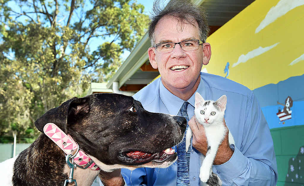 PROUD MOMENT: Cr Robert Garland with Opie the dog and Smudge the kitten. He was all smiles after finding out the Fraser Coast council had received a Proggy Award from PETA. PROUD MOMENT: Cr Robert Garland with Opie the dog and Smudge the kitten. He was all smiles after finding out the Fraser Coast council had received a Proggy Award from PETA.