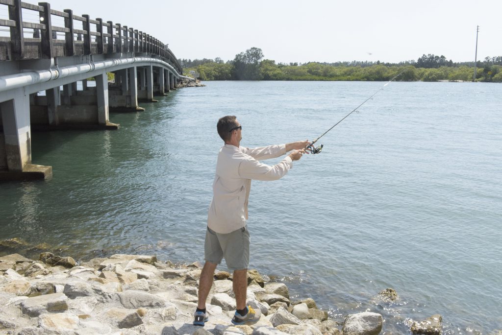 Adam Shepherd, from Round Mountain on the Sunshine Coast casts out from the Oyster Channel bridge while on holiday for a week in Yamba. He'd had some luck with flathead and lost a few lures in his fishing so far.Photo Adam Hourigan / The Daily Examiner Adam Shepherd, from Round Mountain on the Sunshine Coast casts out from the Oyster Channel bridge while on holiday for a week in Yamba. He'd had some luck with flathead and lost a few lures in his fishing so far.Photo Adam Hourigan / The Daily Examiner
