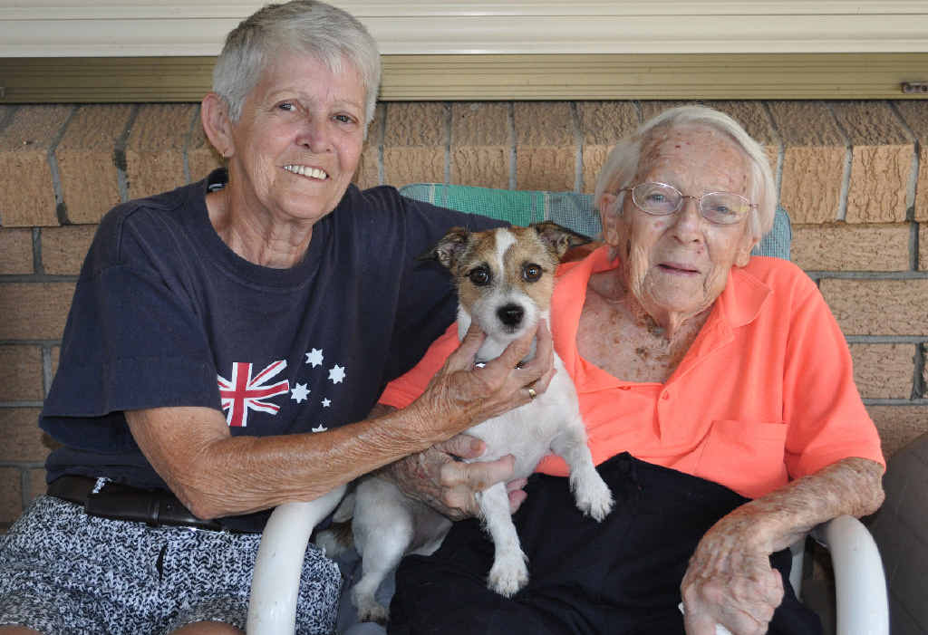 TINY TERROR: Lyn Solburn (left) with mum Joyce Elliott and Molly the brave little Jack Russell terrier. TINY TERROR: Lyn Solburn (left) with mum Joyce Elliott and Molly the brave little Jack Russell terrier.