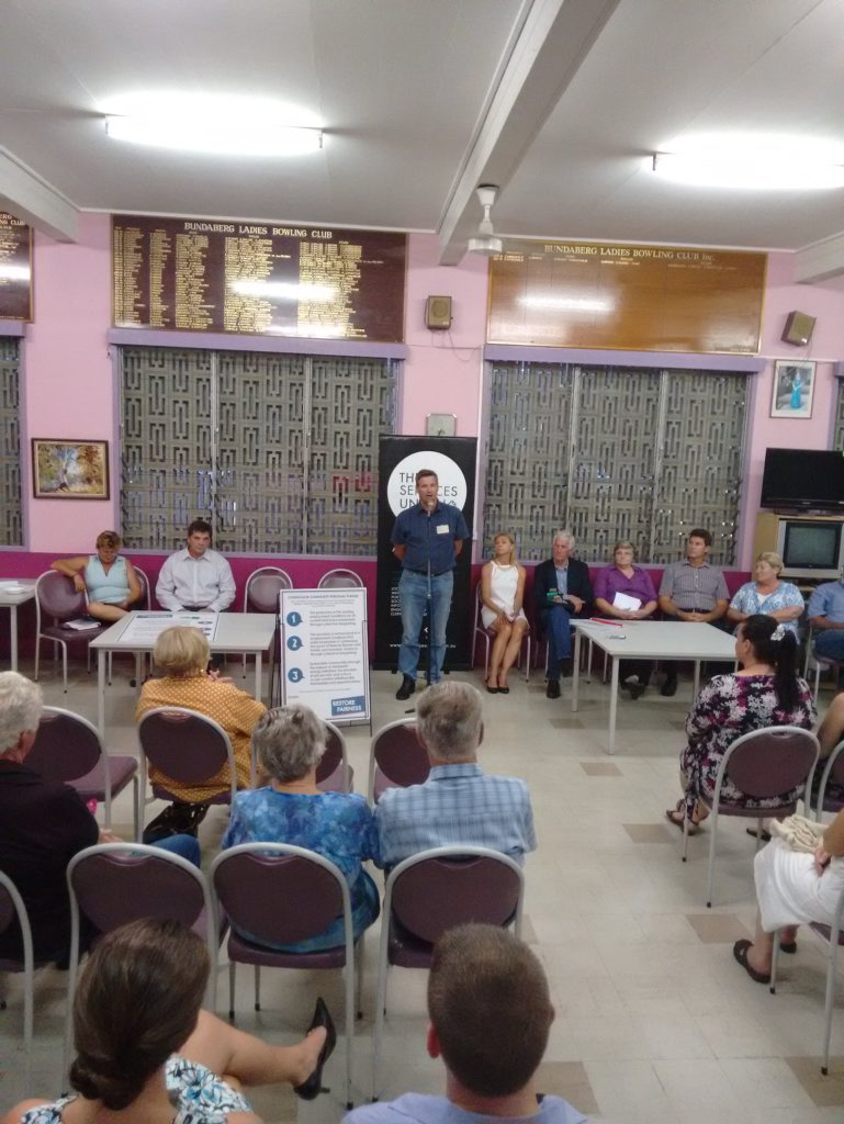 Troy Madel speaks at a community forum held at the Bundaberg Bowls Club. Troy Madel speaks at a community forum held at the Bundaberg Bowls Club.