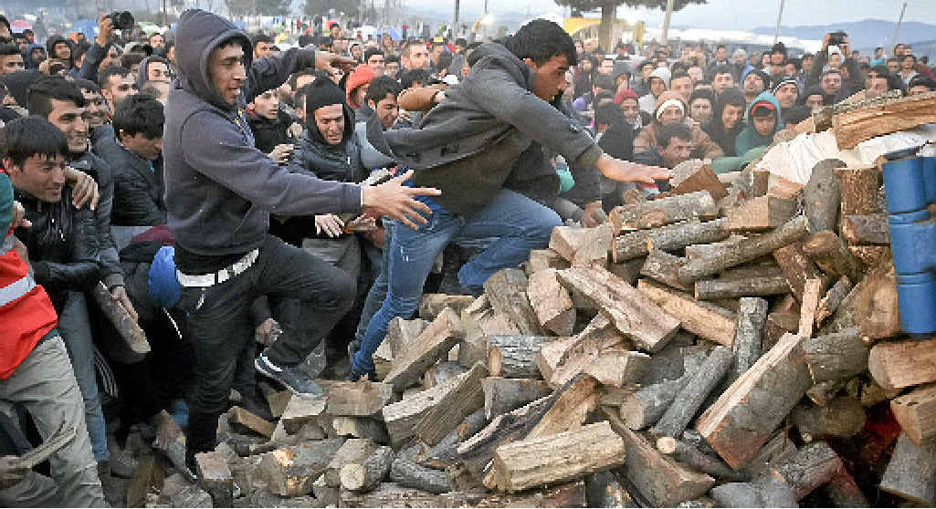 DESPERATE: Migrants mob a truck bringing donated firewood to a northern Greek border station. DESPERATE: Migrants mob a truck bringing donated firewood to a northern Greek border station.