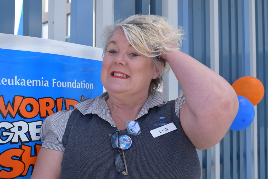 ROC Radiation Oncology radiation therapist Lisa Booth just before she has her head shaved for shave for a cure  this week. File picture.