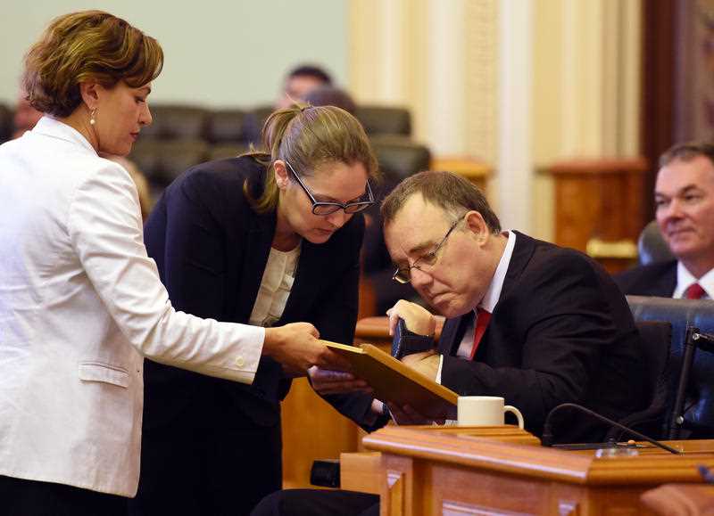 Queensland MP Rob Pyne is sworn-in by Deputy Premier Jackie Trad (left) at Parliament House in Brisbane, Tuesday, March 24, 2015. All 89 Members of Parliament as well as the Speaker of the House were sworn-in today. Queensland MP Rob Pyne is sworn-in by Deputy Premier Jackie Trad (left) at Parliament House in Brisbane, Tuesday, March 24, 2015. All 89 Members of Parliament as well as the Speaker of the House were sworn-in today.