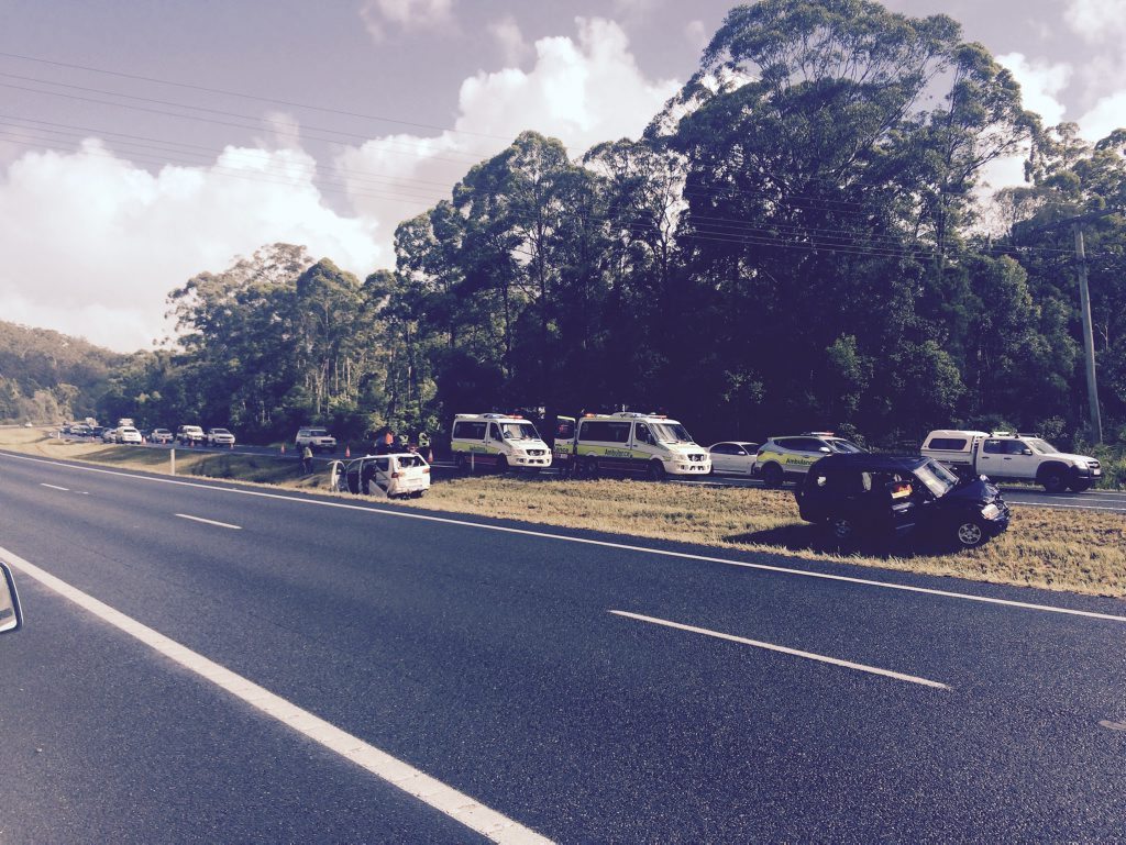 Two cars were involved in a crash on the Bruce Hwy at Tanawha. Two cars were involved in a crash on the Bruce Hwy at Tanawha.