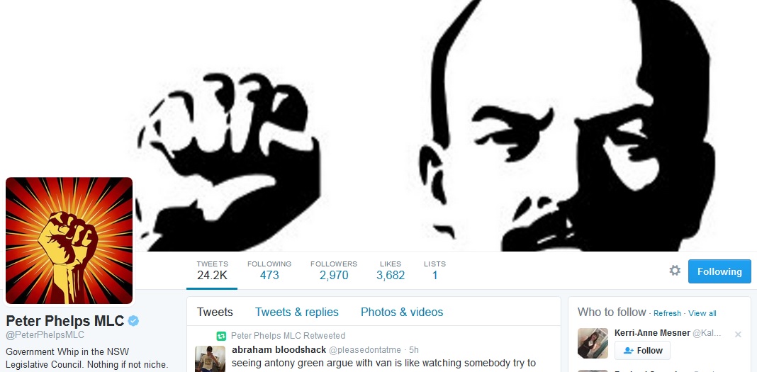 NSW Government Whip Peter Phelps has updated his Twitter pics to reiterate his support for freedom of choice, not just when it comes to eyeball tattoos, but also anal fisting. NSW Government Whip Peter Phelps has updated his Twitter pics to reiterate his support for freedom of choice, not just when it comes to eyeball tattoos, but also anal fisting.