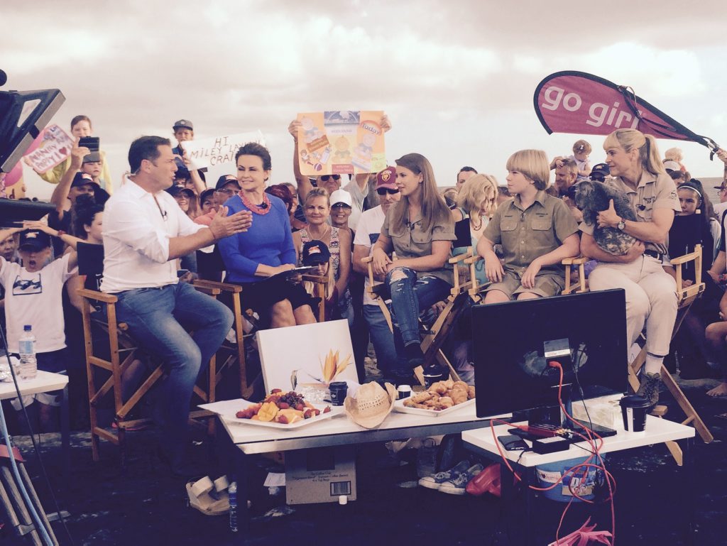 Bindi, Robert and Terri Irwin join the Today Show at Mooloolaba Beach. Bindi, Robert and Terri Irwin join the Today Show at Mooloolaba Beach.